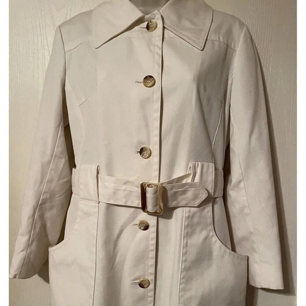 London Fog Off White Maincoat Trench Coat Faux Tortoise Buttons & Buckle - Picture 2 of 16